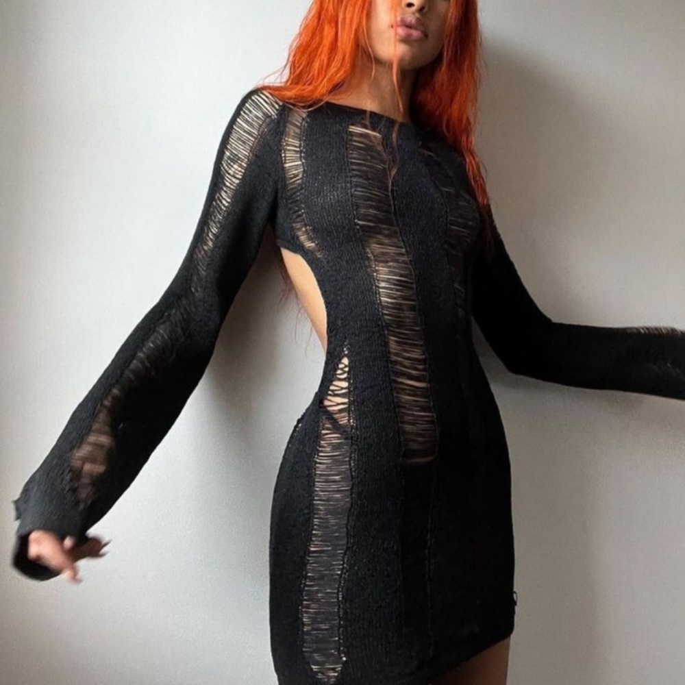 BLACK UMBRA SHREDDED MINI DRESS
